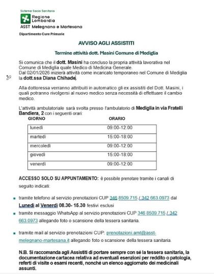 ⚠️🏥AVVISO AGLI ASSISTITI: Termine attività dott. Masini Comune di Mediglia ⚠️🏥
